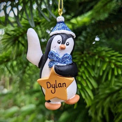 Personalised Penguin with Gold Star Blue Christmas Tree Decoration