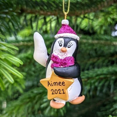 Personalised Penguin with Gold Star Pink Christmas Tree Decoration