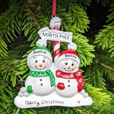 Personalised Snowman Couple North Pole Christmas Tree Decoration