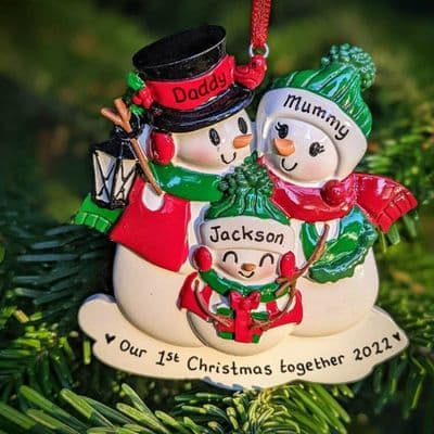 Personalised Snowman Family of 3 Christmas Tree Decoration