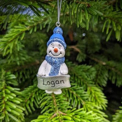 Personalised Snowman with Silver Banner Blue Glitter Christmas Tree Decorations