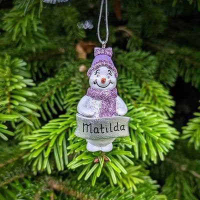 Personalised Snowman with Silver Banner Pink Glitter Christmas Tree Decorations