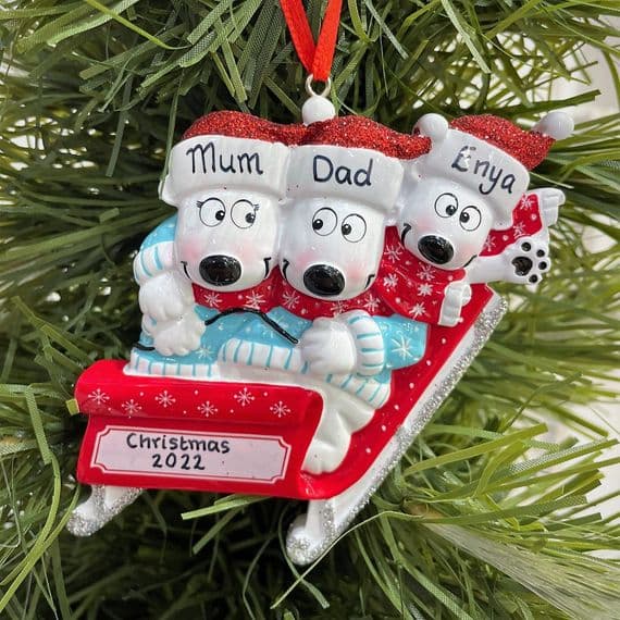 Polar Bear Family of 3 - Riding in a Sleigh -  Personalised Christmas Tree Decoration Hanging Ornament