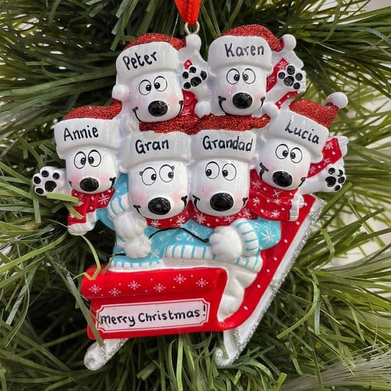 Polar Bear Family of 6 - Riding in a Sleigh -  Personalised Christmas Tree Decoration Hanging Ornament