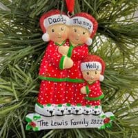 Red Spotty Pyjama Family of 3 - Personalised Christmas Tree Decoration Hanging Ornament 2021