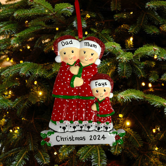 Red Spotty Pyjama Family of 3 - Personalised Christmas Tree Decoration Hanging Ornament 2021