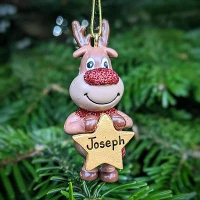 Reindeer Boy with Gold Star Personalised Christmas Decoration