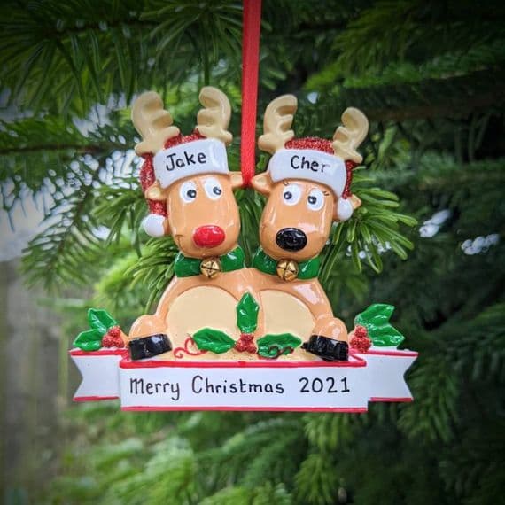 Reindeer Family of 2 Couple - Personalised Christmas Tree Decoration Hanging Ornament