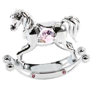 Chrome Plated Rocking Horse with Pink Crystals Crystocraft Ornament