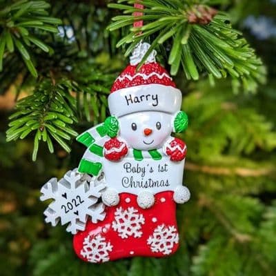 Snowbaby in Stocking Personalised Christmas Tree Decoration