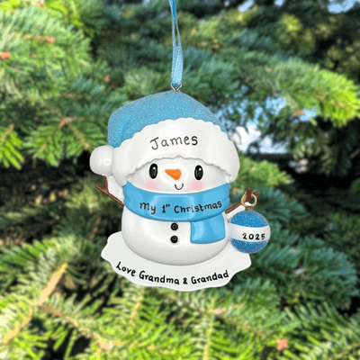 Snowman Baby Blue Personalised Christmas Tree Decoration