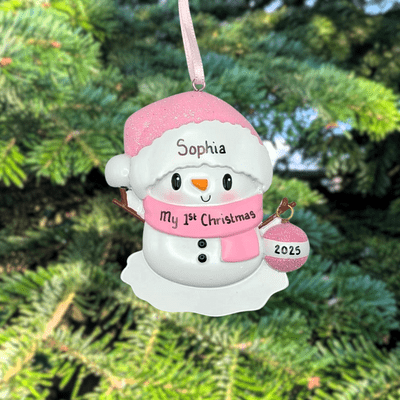Snowman Baby Pink Personalised Christmas Tree Decoration
