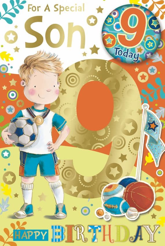 9 year old Son Birthday Card with Badge
