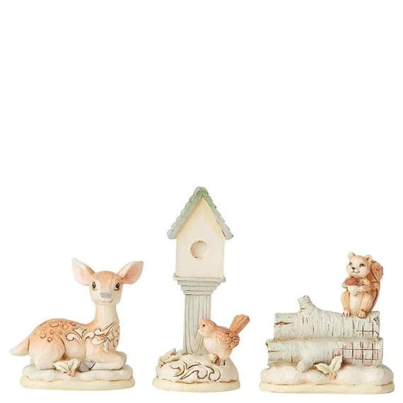 White Woodland Mini Animal Set of 3 from Jim Shore - Birdhouse, Deer, and Squirrel Set