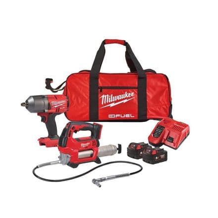 MILWAUKEE M18FPP2AI-502B 18V IMPACT WRENCH AND GREASE GUN KIT - 2X 5AH BATTERIES, CHARGER AND BAG