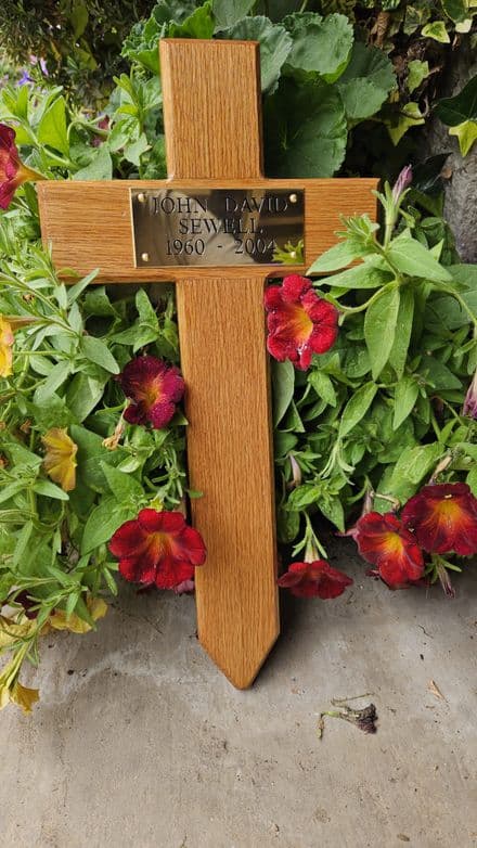Memorial oak cross with engraved brass plaque