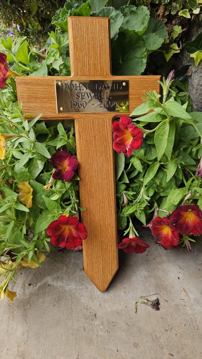 Memorial oak cross with engraved brass plaque
