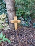 Memorial oak cross with engraved gold laminate plaque