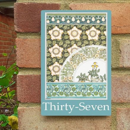 Wild rose house sign in Arts & Crafts style