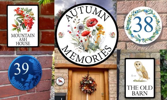 House signs with berries, poppies, ferns, fox and owl