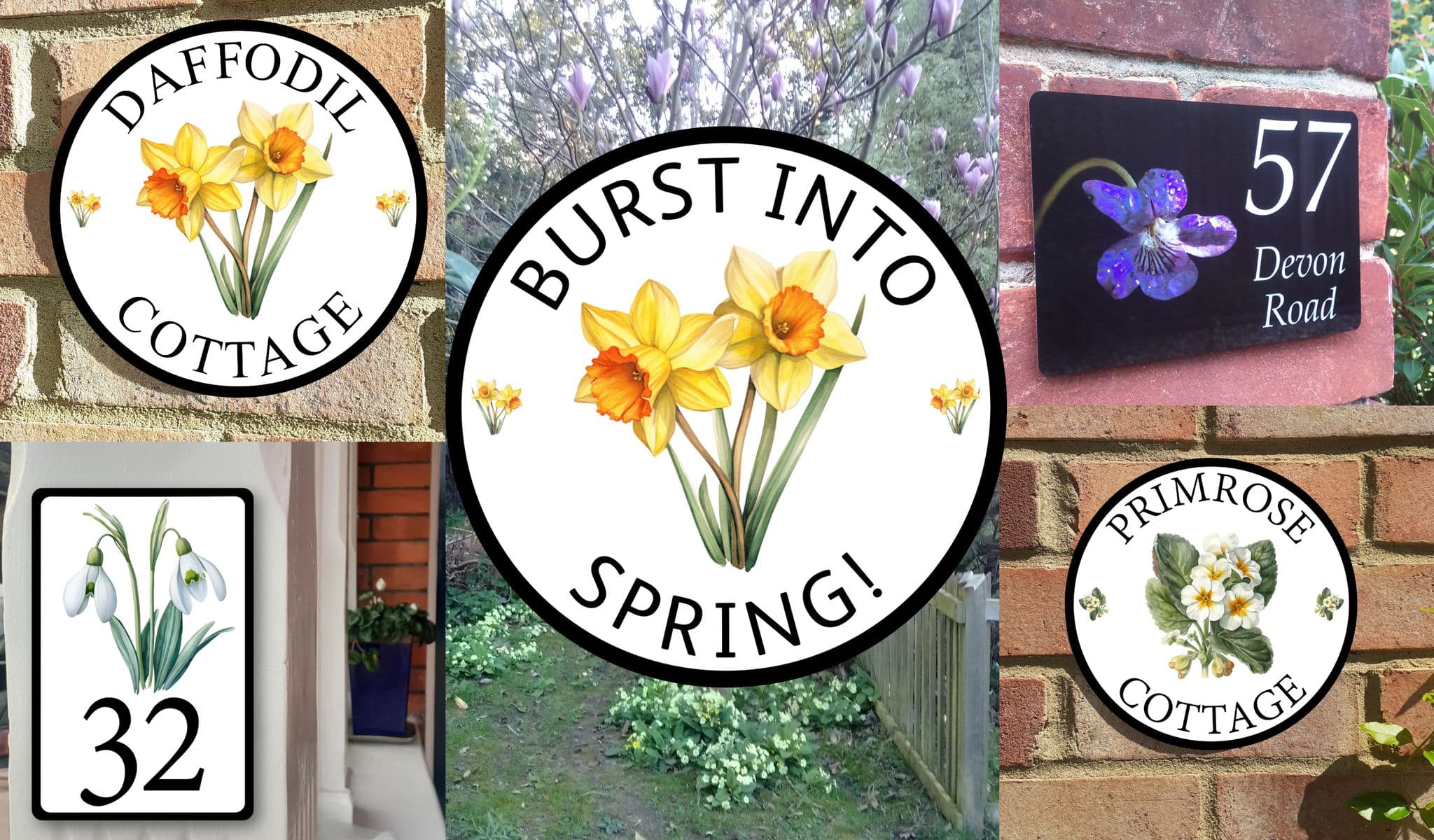 House signs with spring flowers