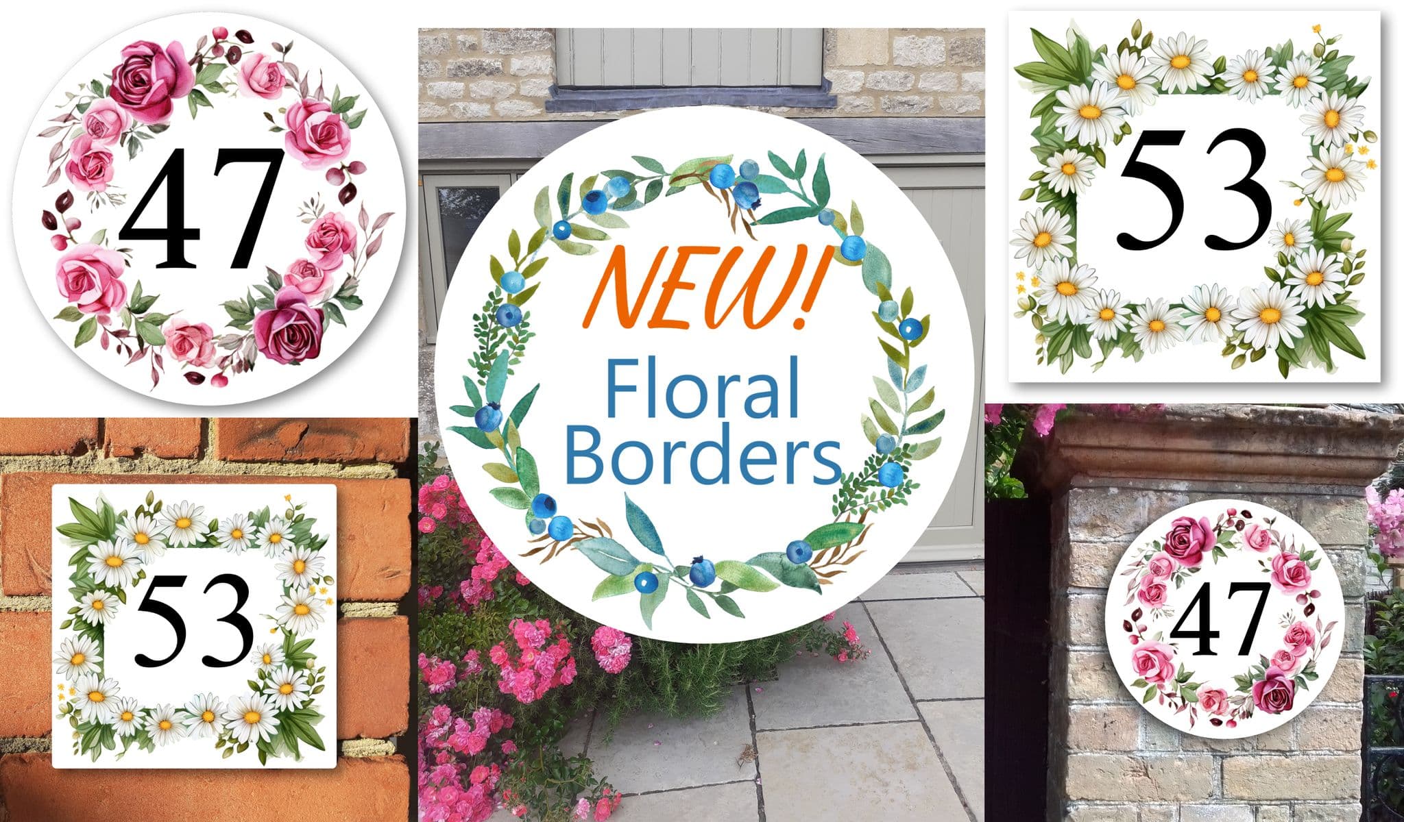 House number signs with floral borders