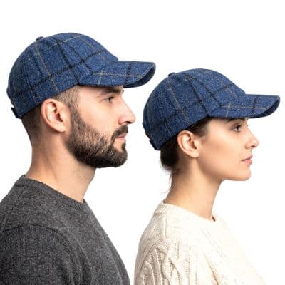 Blue Overcheck Harris Tweed Baseball Cap One Size Adjustable Unisex Made in Scotland
