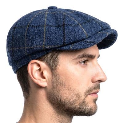 Blue Overcheck Men's Harris Tweed Newsboy Cap  Made in Scotland S-XXL