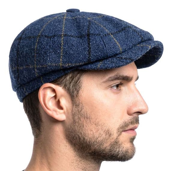 Blue Overcheck Harris Tweed Newsboy Cap | Made in Scotland | S–XXL