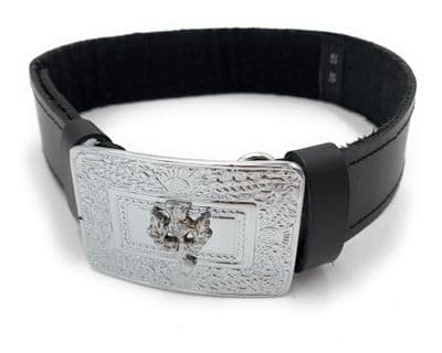BOYS BLACK LEATHER KILT BELT & THISTLE BUCKLE ADJUSTABLE