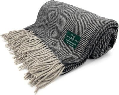 Charcoal Herringbone 100% Wool Large Blanket Throw
