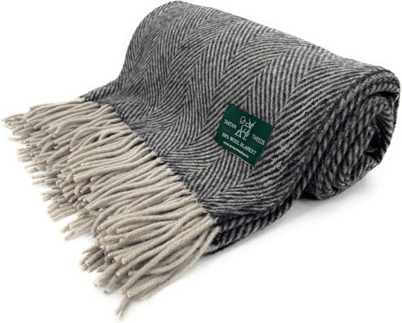 Charcoal Herringbone 100% Wool Large Blanket Throw