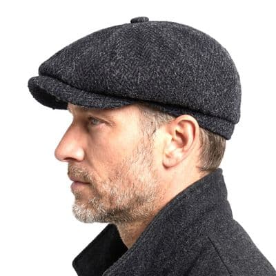 Charcoal Herringbone  Harris Tweed Newsboy Cap Made in Scotland S-XXL
