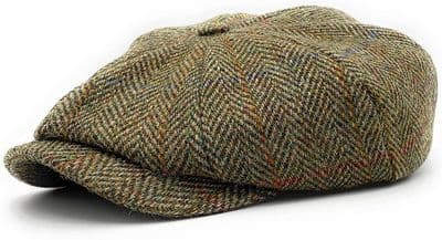 Green Herringbone Harris Tweed  Newsboy Cap Made in Scotland S-XXL
