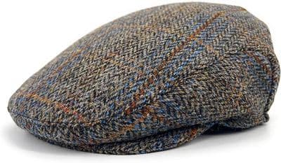 Green Herringbone Rust Overcheck Harris Tweed Flat Cap Made in Scotland  S-XXL