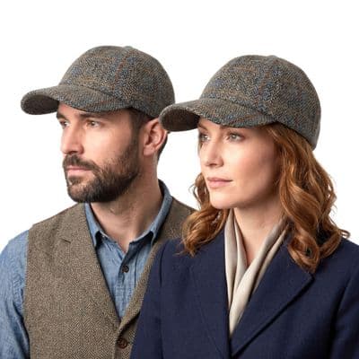 Green Herringbone Rust Overcheck Harris Tweed Unisex Baseball Cap One Size Adjustable