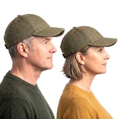 Green Herringbone Tweed  Baseball Cap One Size Adjustable Unisex Made in Scotland