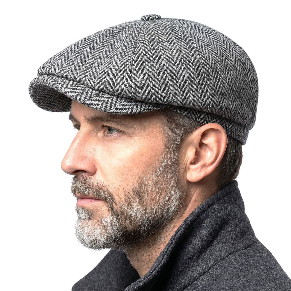 Grey Herringbone Harris Tweed Newsboy Cap | S–XXL