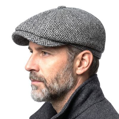 Grey Herringbone Men's Harris Tweed Newsboy Cap  Made in Scotland S-XXL