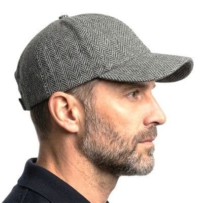 Grey Herringbone Tweed  Baseball Cap One Size Adjustable Unisex Made in Scotland