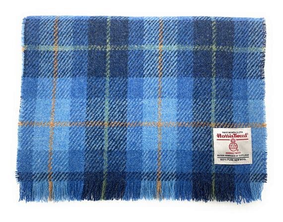 Harris Tweed Blue Check Fringed Scarf Unisex Approx 150 cm x 26 cm  Made in Scotland