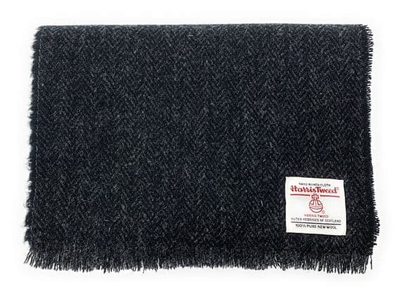 Harris Tweed Charcoal Herringbone Fringed Scarf Unisex Approx 150 cm x 26 cm  Made in Scotland