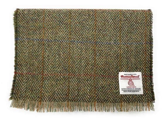 Harris Tweed Green Herringbone Fringed Scarf Unisex Approx 150 cm x 26 cm  Made in Scotland