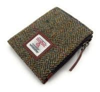 Harris Tweed Women's Green Herringbone Leather Bifold Wallet, Card Holder with Zipper Coin Pocket