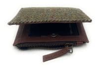 Harris Tweed Women's Green Herringbone Leather Bifold Wallet, Card Holder with Zipper Coin Pocket