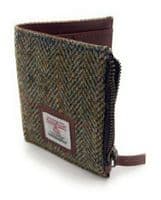 Harris Tweed Women's Green Herringbone Leather Bifold Wallet, Card Holder with Zipper Coin Pocket