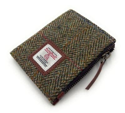 Harris Tweed Women's Green Herringbone Leather Bifold Wallet, Card Holder with Zipper Coin Pocket