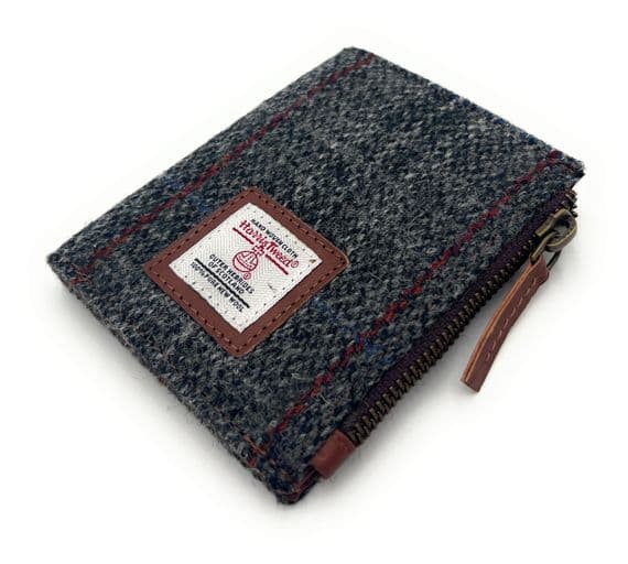 Harris Tweed Women's Grey Check Leather Bifold Wallet, Card Holder with Zipper Coin Pocket