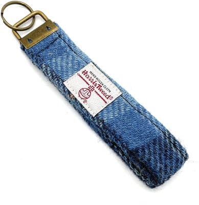 Harris Tweed Wool Fabric Keyring With Metal Fob Blue Check