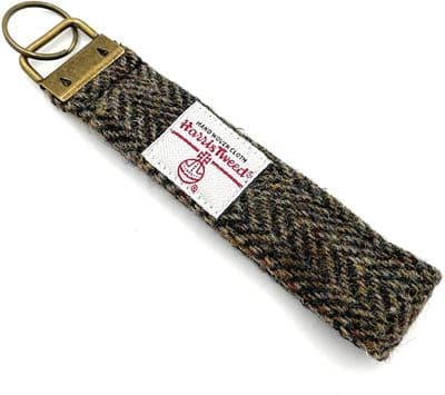 Harris Tweed Wool Fabric Keyring With Metal Fob Brown Herringbone